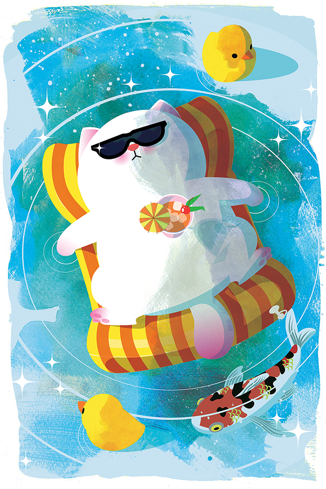 Vivicat drifting on a pool toy